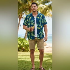 Pineapple Men's Hawaiian Blue Button Down Shirt size Large